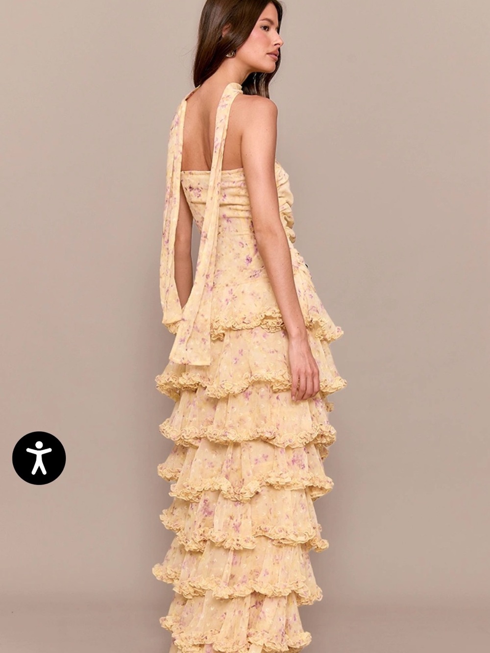 NWT Strapless Yellow Floral Tiered Ruffle Maxi Dress with Neck Scarf - Picture 3 of 6